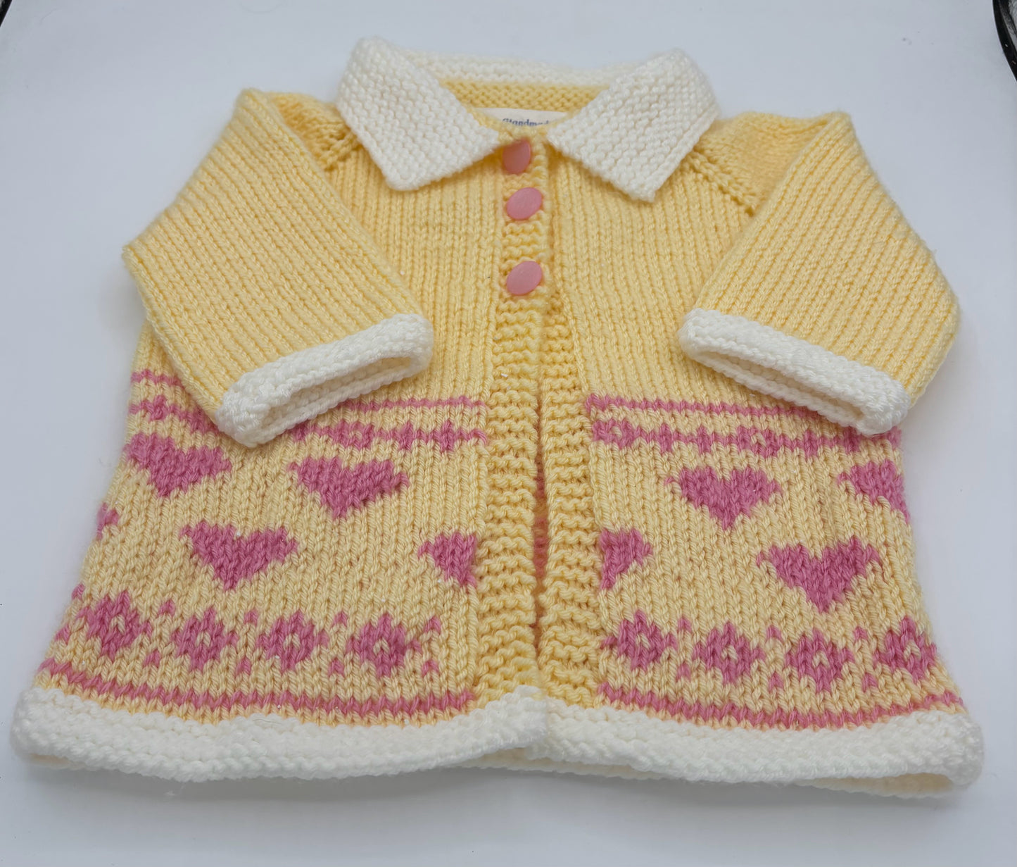 12-18 M Yellow and White Acrylic with Pink Hearts Knit Coat