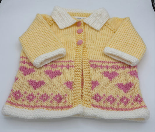 12-18 M Yellow and White Acrylic with Pink Hearts Knit Coat