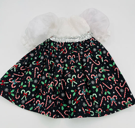 Long Candycane Dress w/Sheer Sleeves and Silver Sequin Trim for 18" Doll