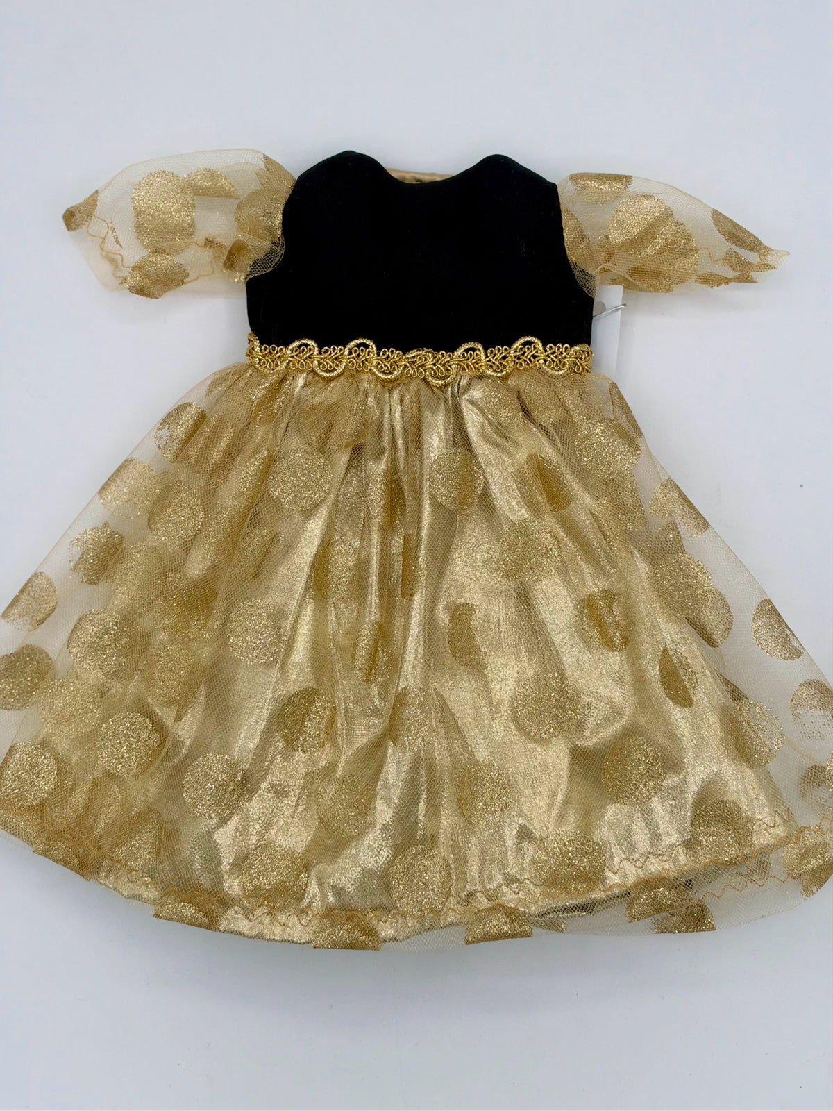 Gold Satin Dress w/Velvet Top and Dotted Overskirt for 18" Doll