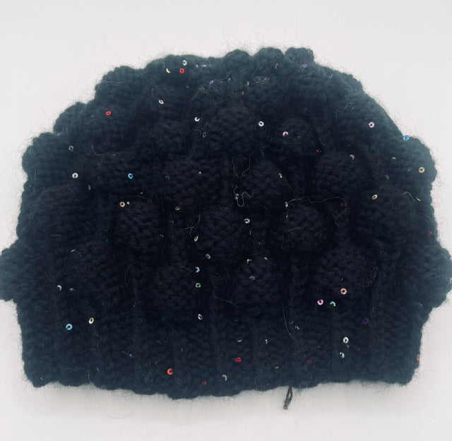 L Black Acrylic and Wool Acorn Bobble Knit Hat with Paillettes