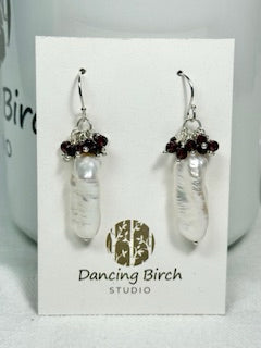Biwa Pearl, Garnet & Sterling SilverEarrings