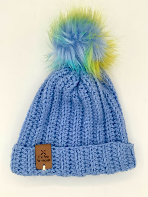 6-9 M Acrylic Crochet Hat with Faux Fur Pom Pom