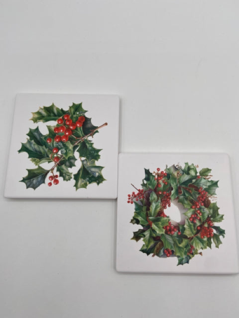 Ceramic Coasters - Set of 4, 2 Holly Sprig and 2 Holly Wreath