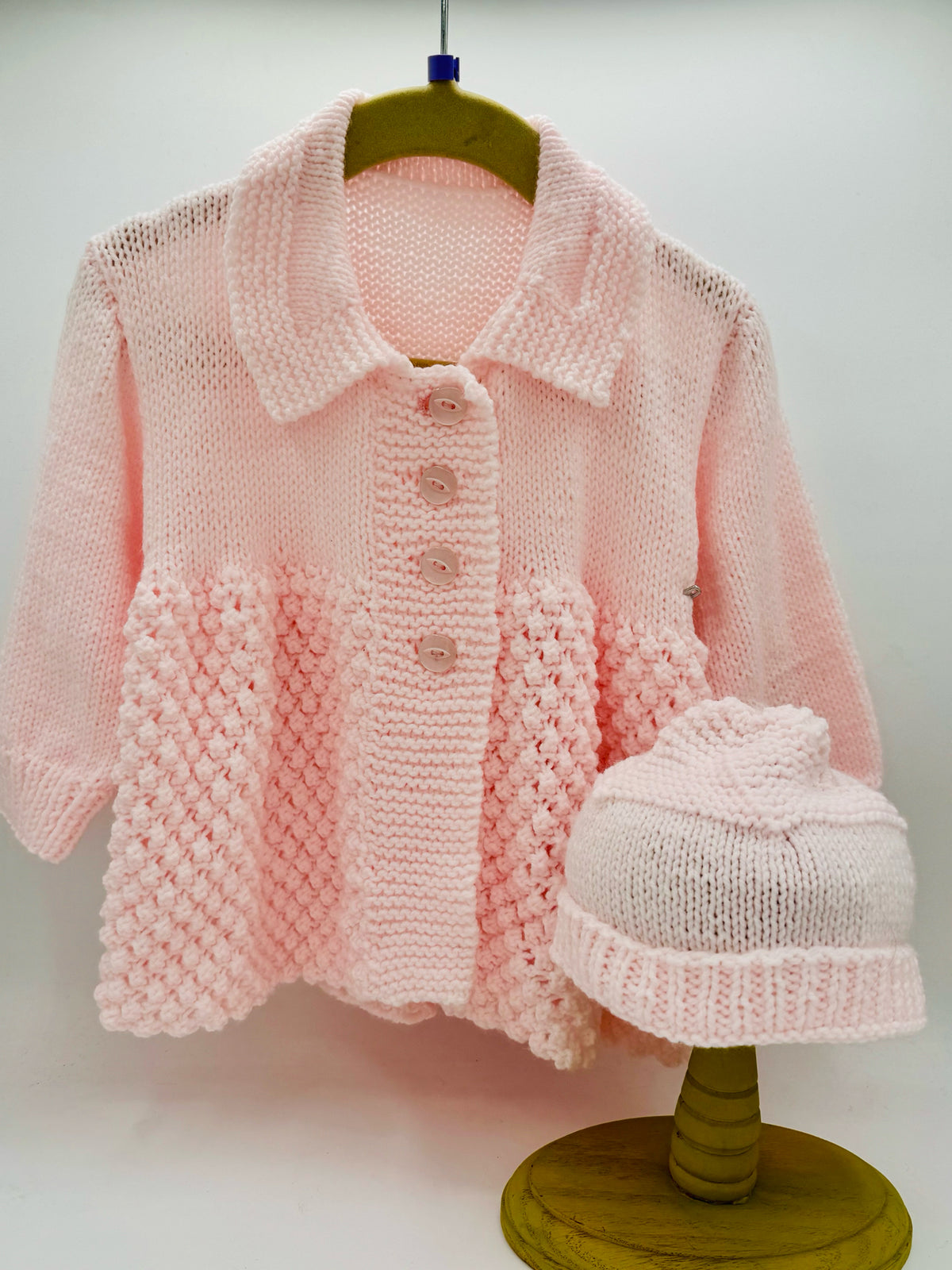 2 Y Light Pink Acrylic Bobble Knit Sweater Coat & Hat