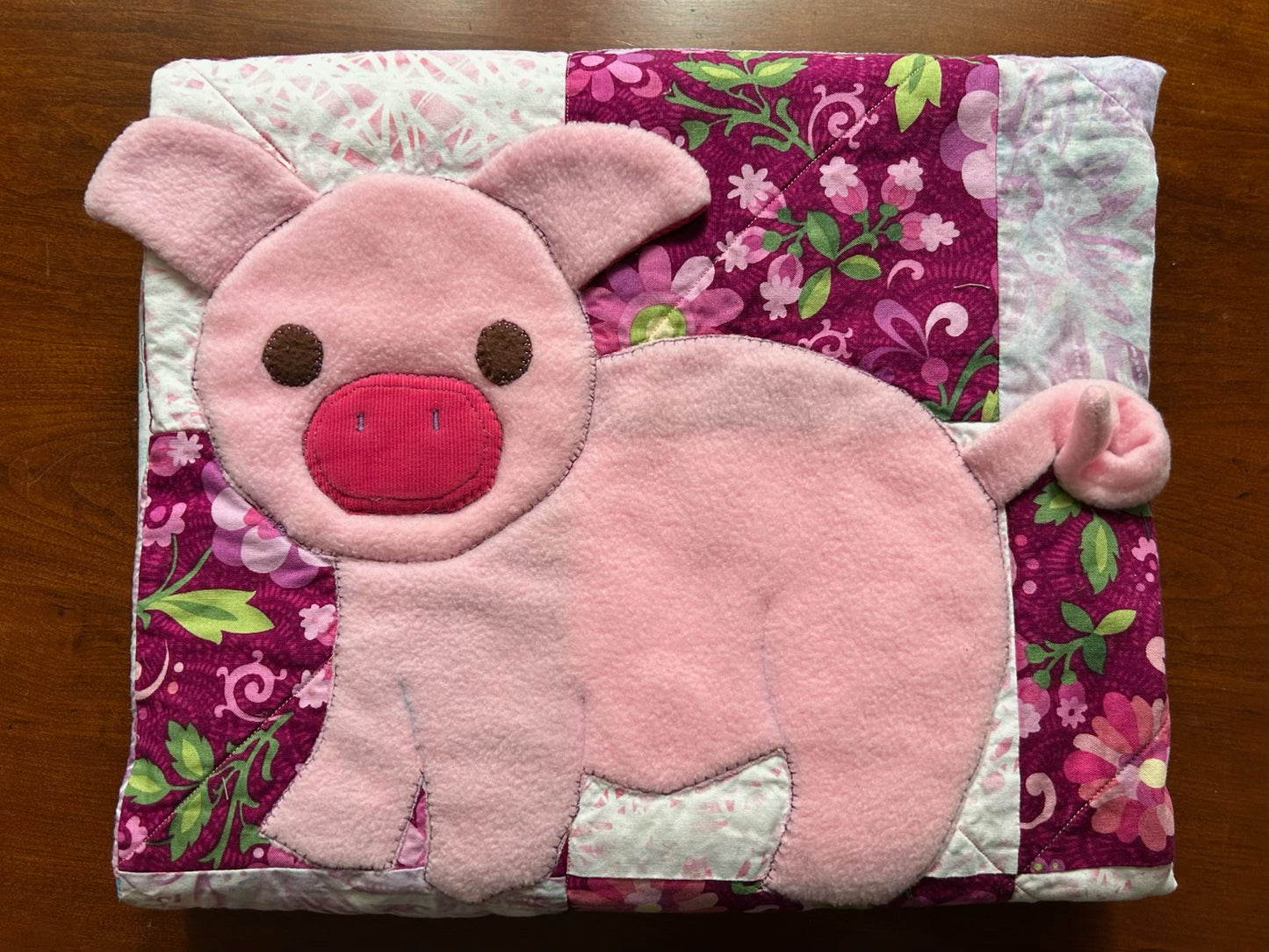 Reversible Pink Baby Quilt with Pig
