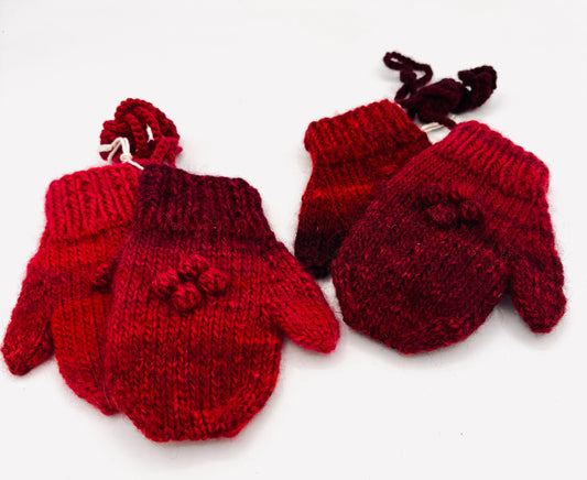 2-3 Y Red Multi Wool Blend Bobble Knit Mittens with String