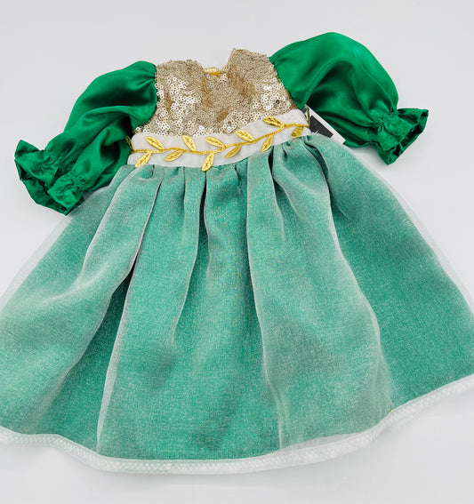 Green Satin/Gold Sequin Top w/ Gold Leaf Shear Dress for 18" Doll