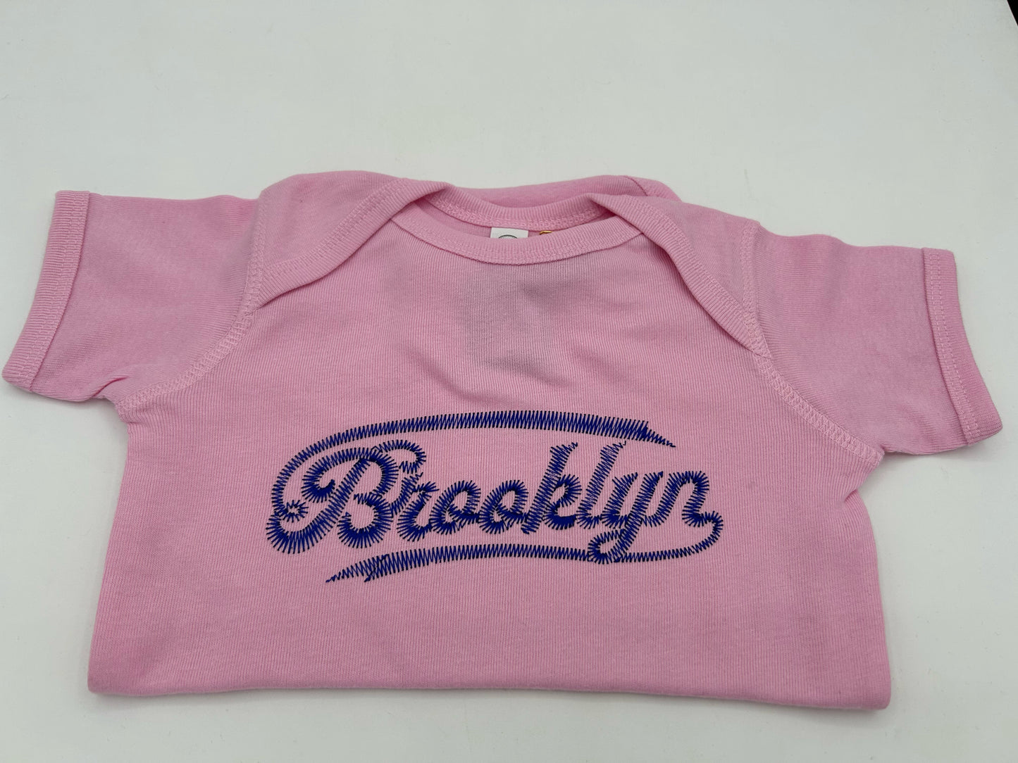 Brooklyn Script Onesie Blue on Pink Size 12M