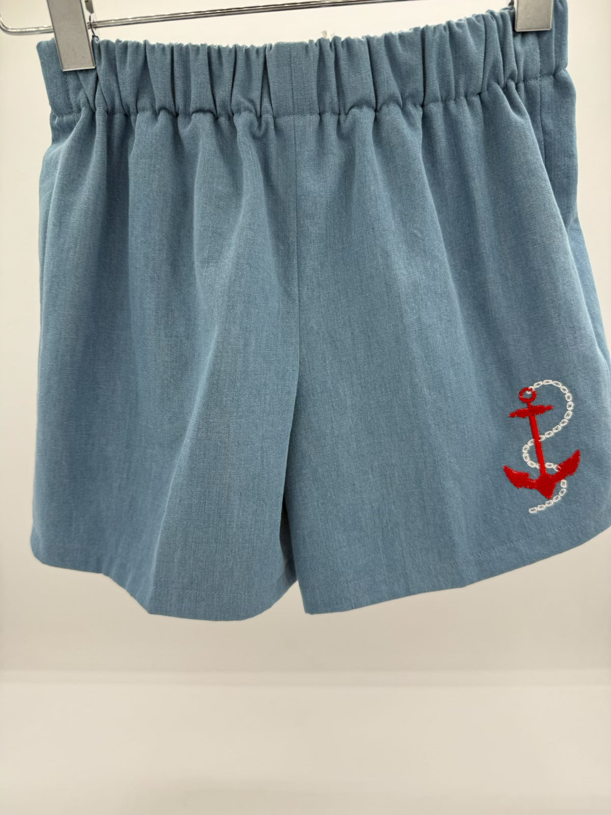 1 Y Shorts - Denim w/Red Mini Gingham Lining & Emroidered Anchor