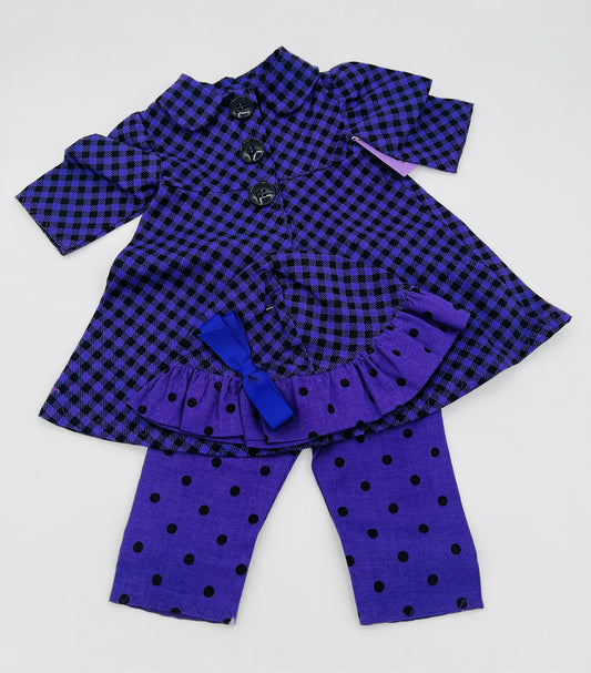 Purple Cotton Check Coat/Dot Hat w/Pants for 18" Doll