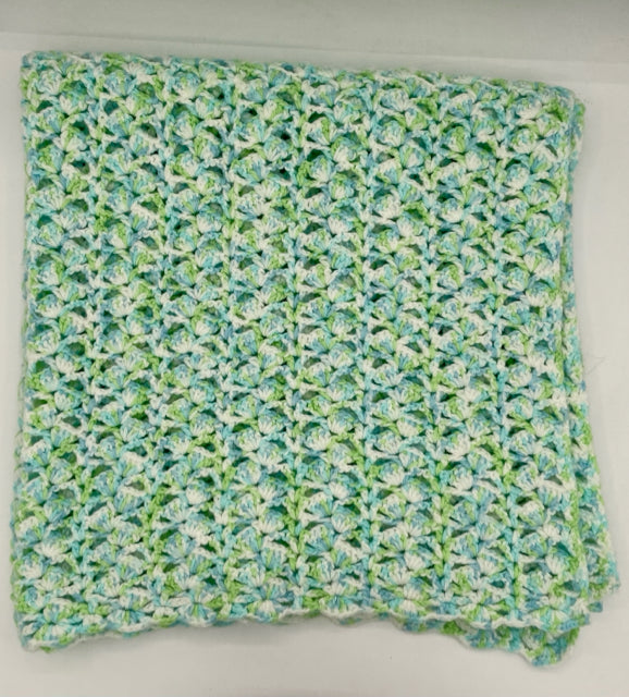 Blue, Green, and White Acrylic Crocheted Fan Baby Blanket
