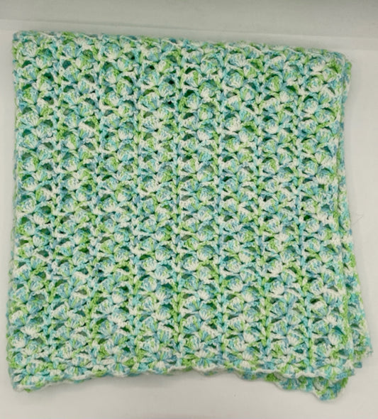 Blue, Green, and White Acrylic Crocheted Fan Baby Blanket