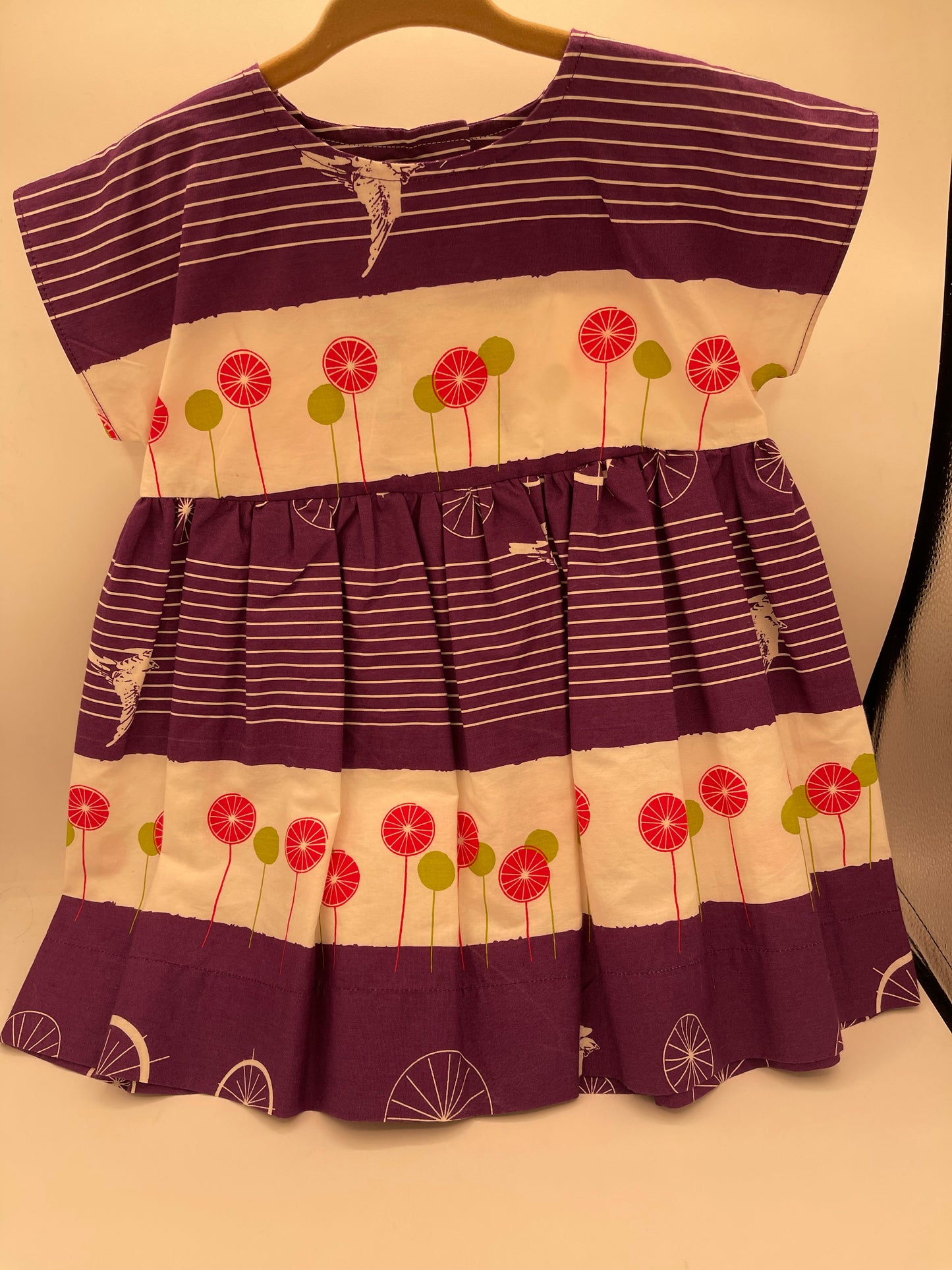 2 Y Dress - purple w/white birds & lollipops