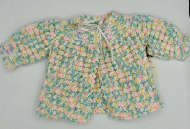 0-3 M White with Multi Pastel Acrylic Knit Cardigan and Bonnet Set