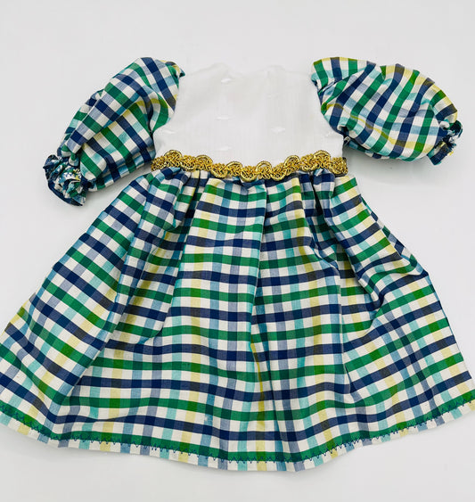 Green/Navy Plaid Taffeta Dress with Gold Trim for 18" Doll