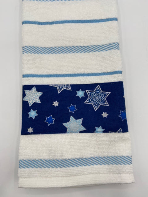 White and Blue Striped Towel with Hanukkah Trim