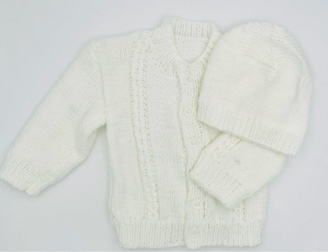 6-12 M White Acrylic Knit Cardigan Set with Beanie