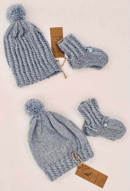 Infant Blue Alpaca Knit Hat & Booties