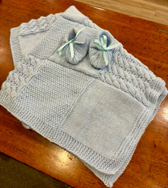 Light Blue Acrylic Baby Blanket with Booties Set