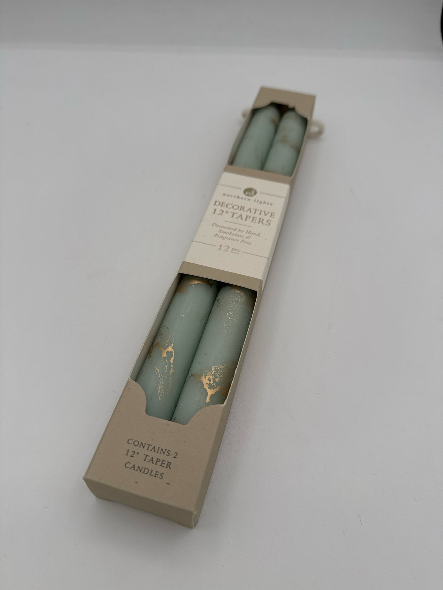 Decorative 12" Tapered Candle in Pistachio with Gold