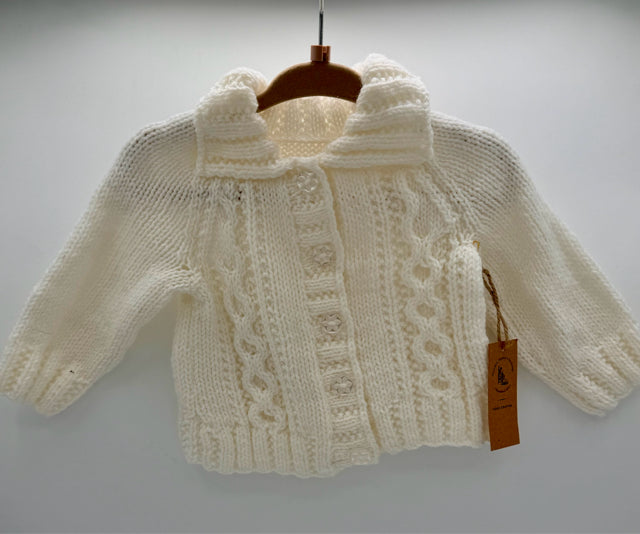 3-6 M White Acrylic Cable Knit Cardigan with Collar