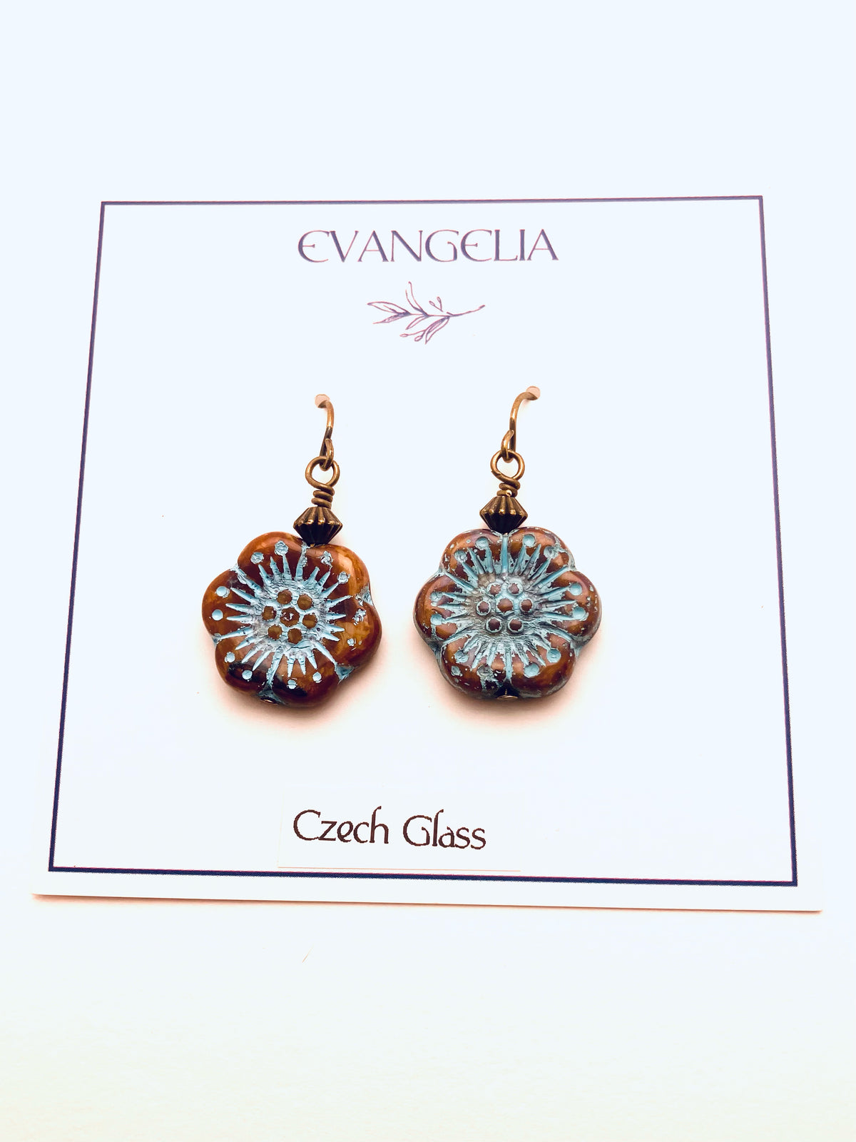 Czech Glass Earrings, Blue Flower