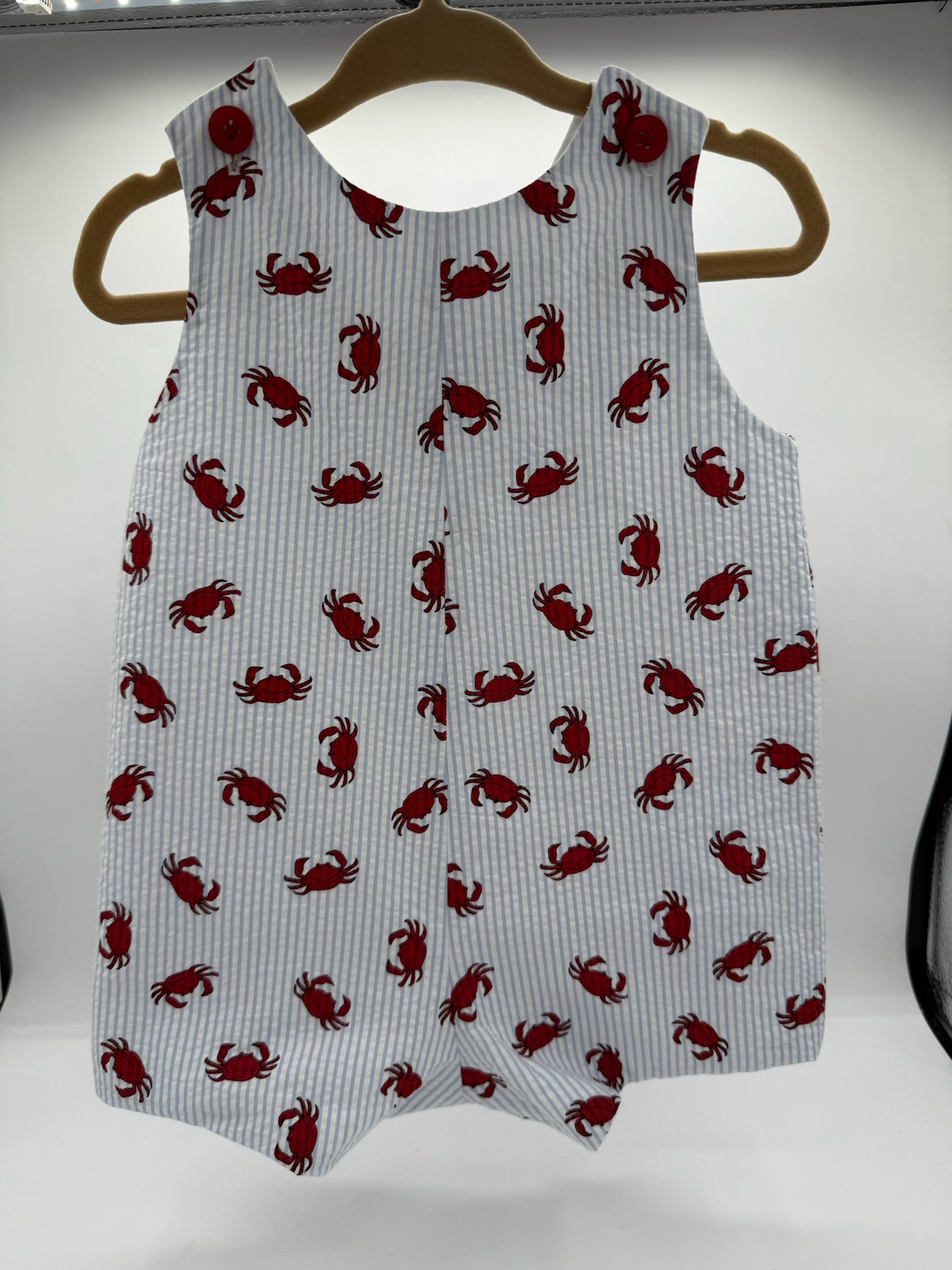12 M Romper - Seersucker Blue w/Red Crabs