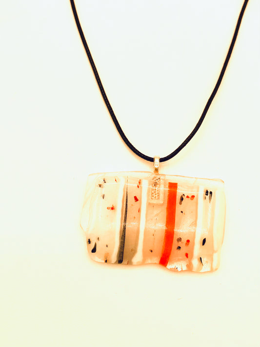 Necklace with Fused Glass Pendant, Clear with Red and White Stripes