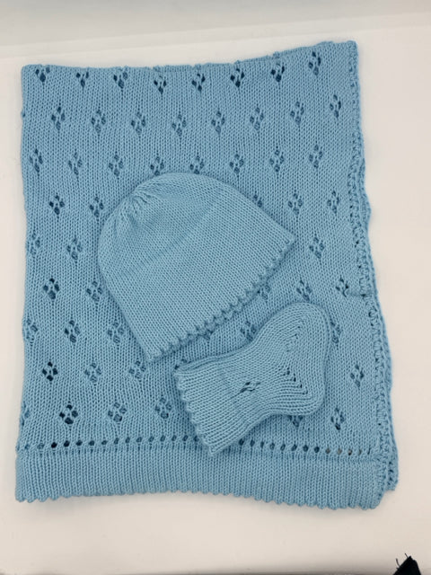0-12 M Polar Blue Organic Cotton Knit Beanie and Booties Set