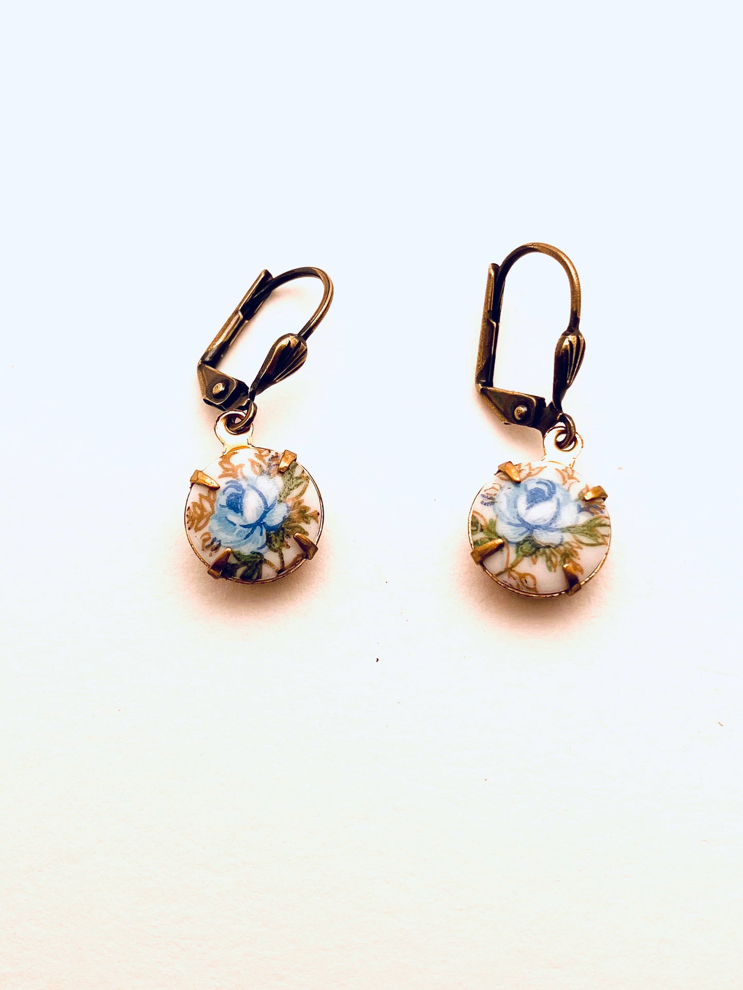 Vintage Rose Cabochon Earrings, Blue Rose