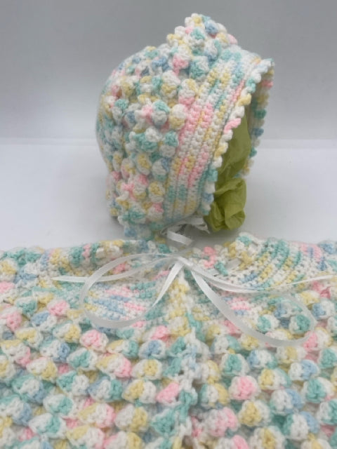0-3 M White with Multi Pastel Acrylic Knit Cardigan and Bonnet Set