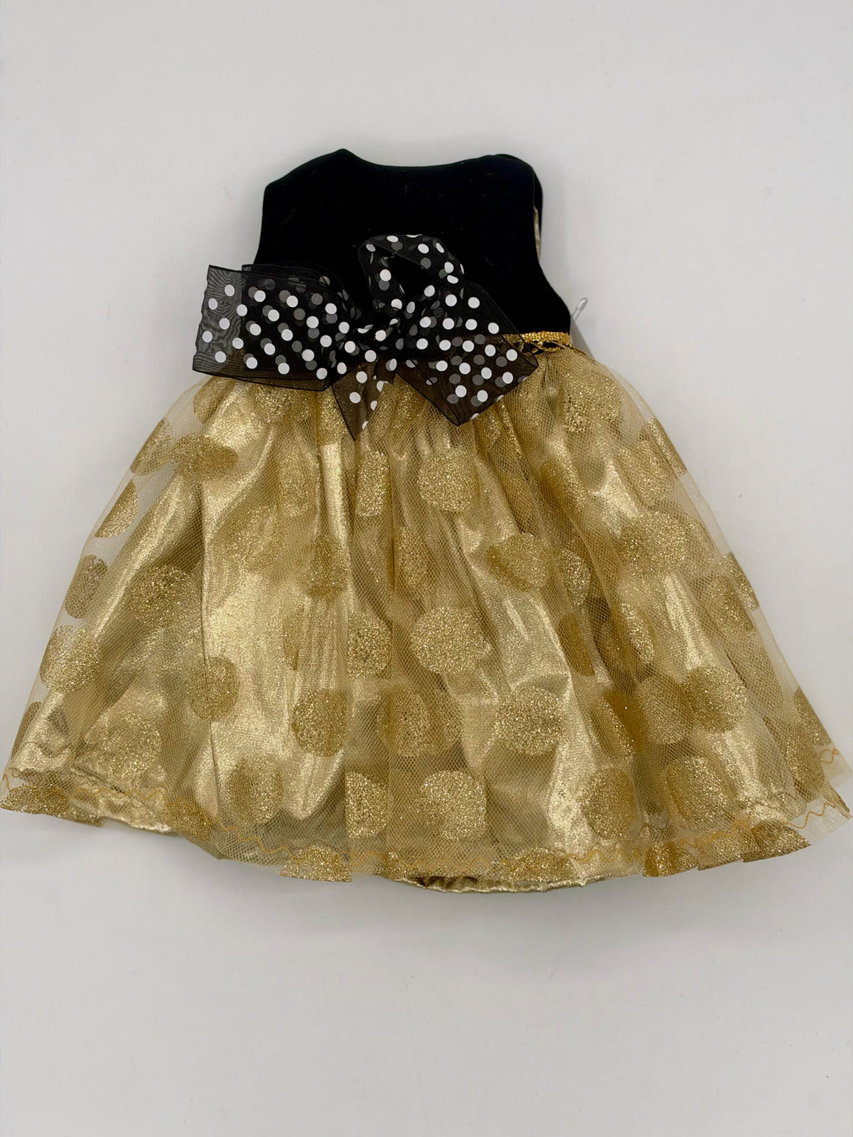 Gold Sleeveless Dress w/Gold Dot Overlay and Dot Bow for 18" Doll