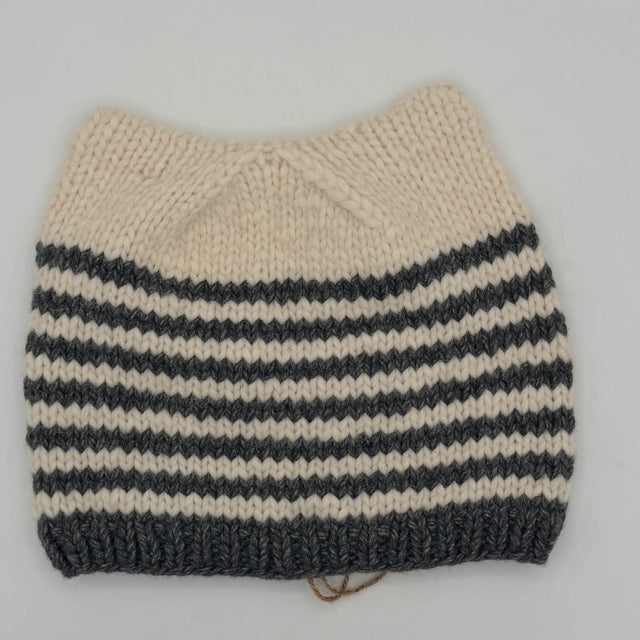M/L Cream and Grey Striped Cashmere and Wool Blend Knit Hat