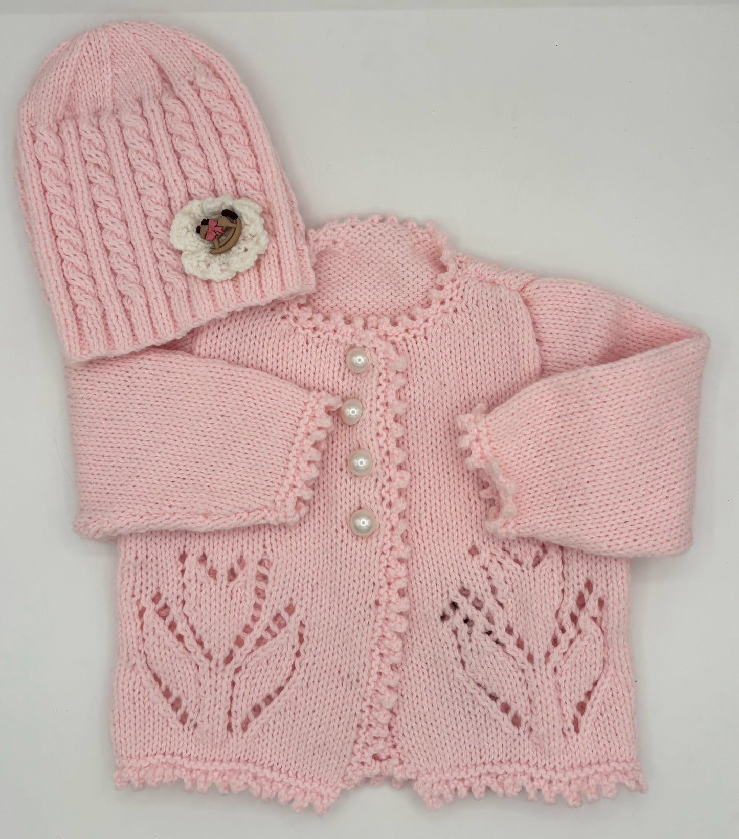 6-12 M Pink Acrylic Knit Cardigan And Hat Set