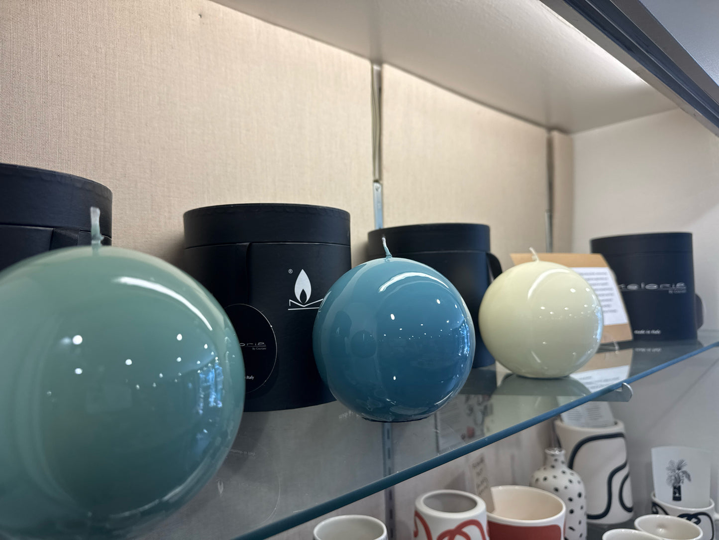 Meloria Lacquered Ball Candle Hand Finished in Teal (2), Cream (2) or Jade(2)