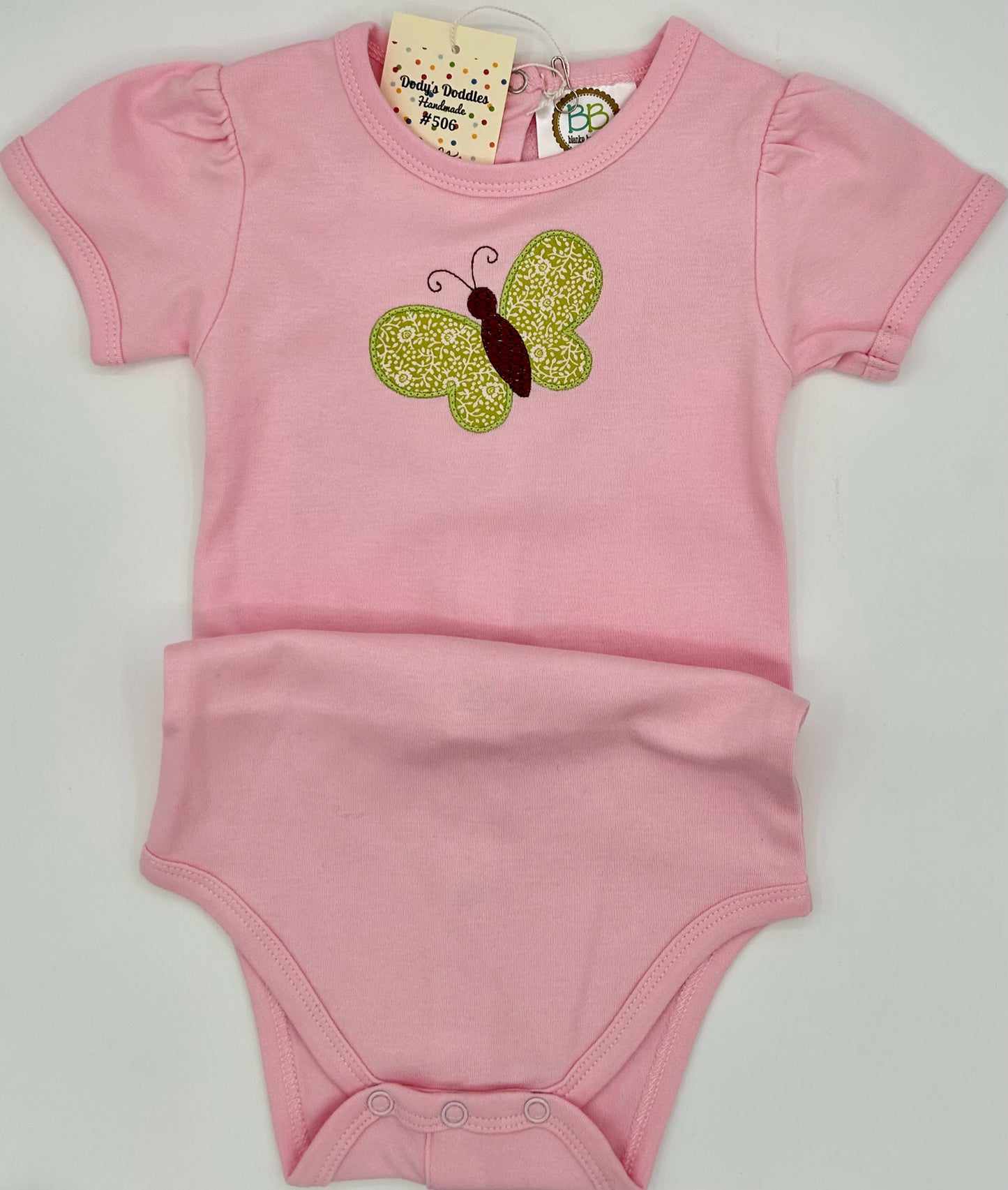 12 M Onesie - Pink w/Green Butterfly Applique