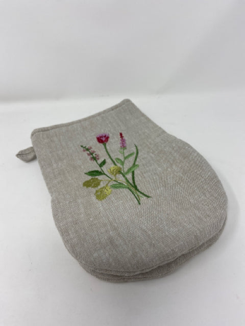 Oven Mitt - Oatmeal Linen with Embroidered Herbs