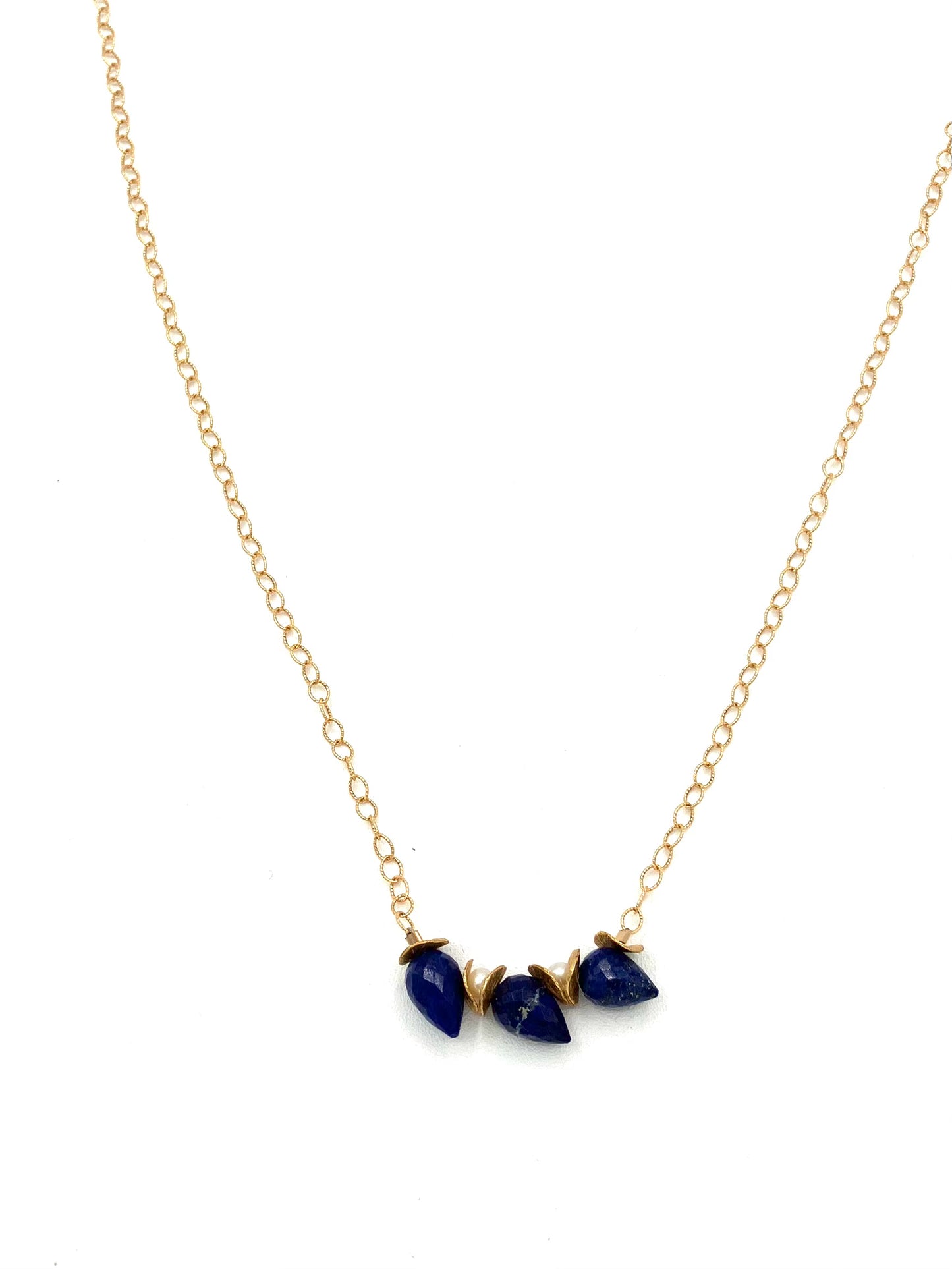 Signature Lapis Buds with Fresh Water Pearl Gold Necklace