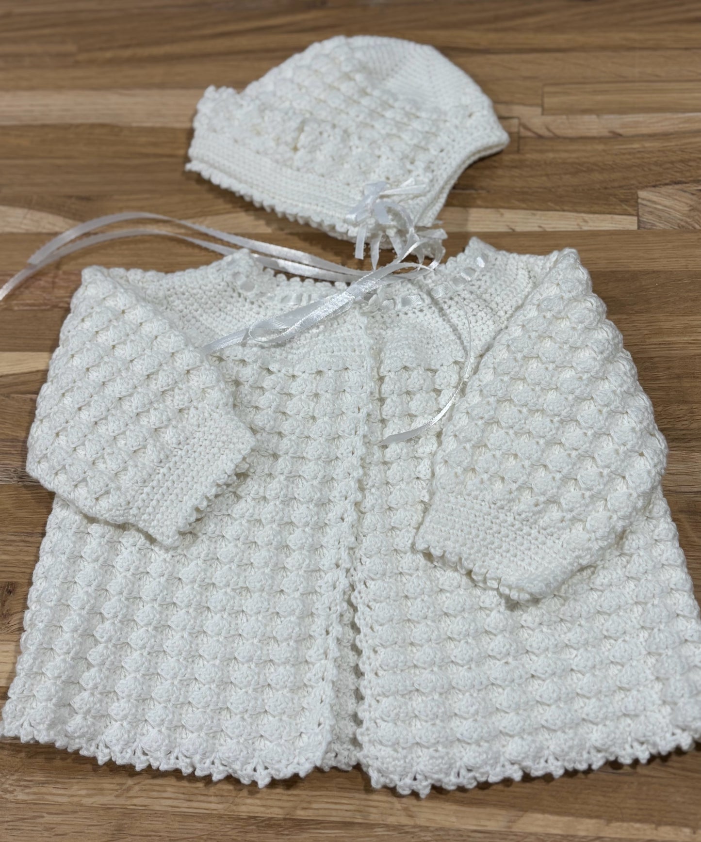 0 - 3 M White Cotton & Acrylic Blend Cardigan & Cap Set