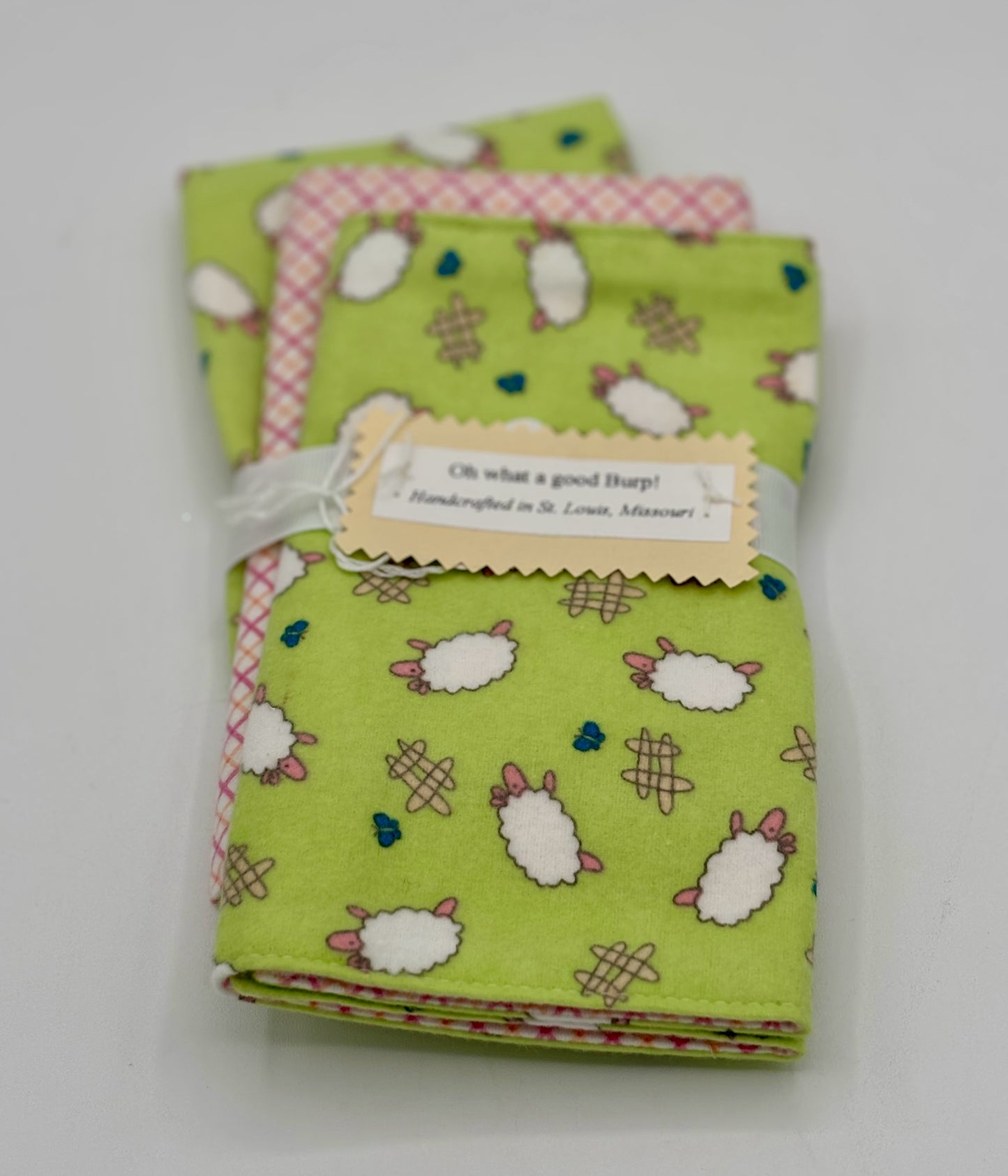 Sheep on Green with Pink Chevron Burp Cloths Set of 3
