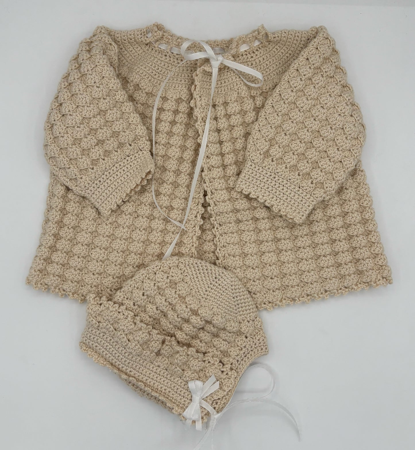 0 - 3 M Ivory Cotton & Acrylic Blend Cardigan & Cap Set