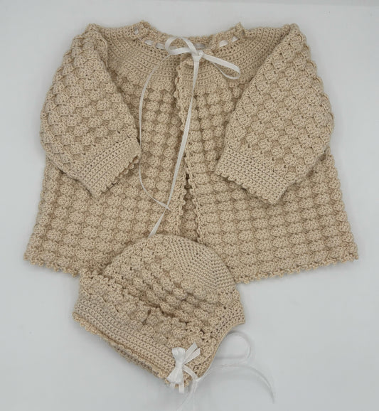 0-3 M Ivory Cotton & Acrylic Blend Cardigan & Cap Set