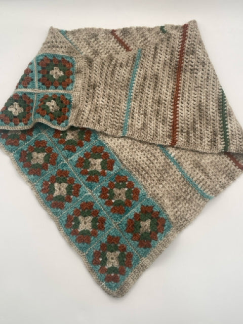 Oat, Blue, Russet and Forest Merino Blend Crochet Granny Square Cowl