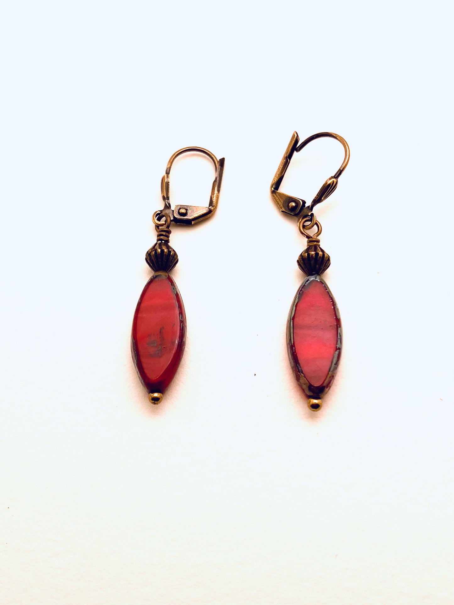 Czech Glass Earrings, Red Long Oval