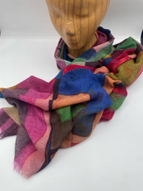 Pink Multi Lightweighti Wool Scarf -Artful Geographic Print