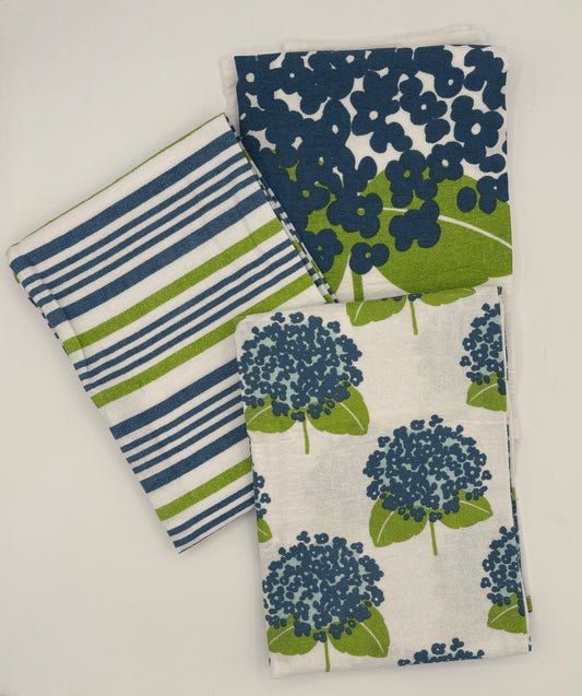 Blue Hydrangea on White, Hydrangea Blossoms, Blue-Green- White Stripes