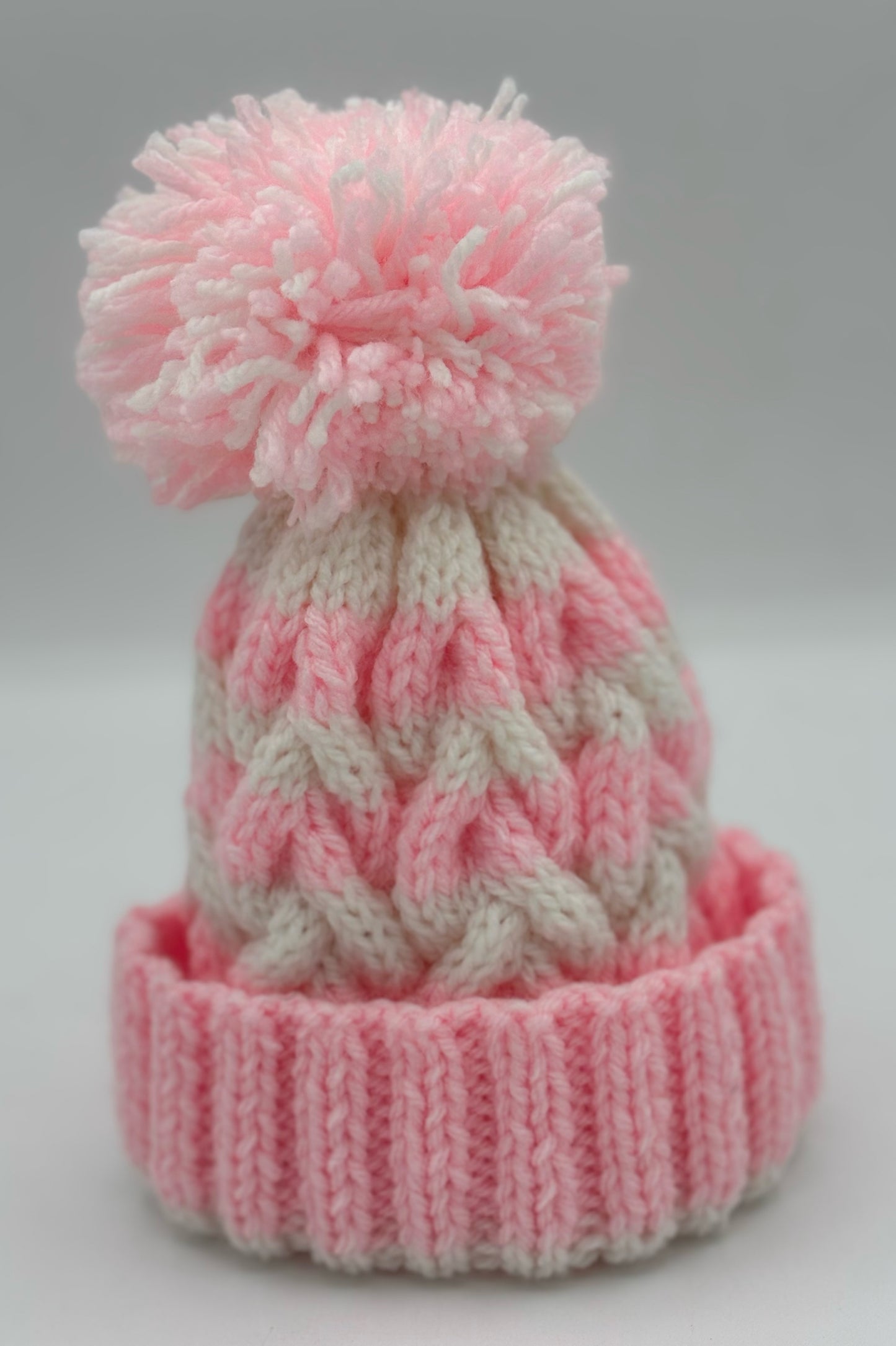 0-3 M Pink and White Acrylic Pom Pom Hat