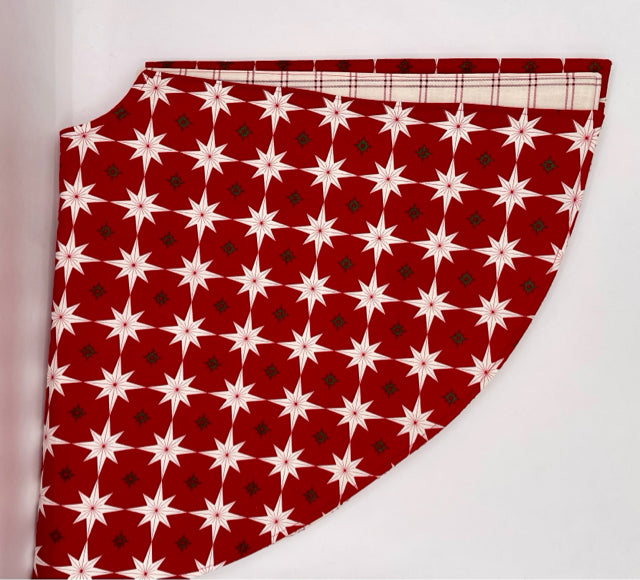 White and Red Star on Burgandy Plaid Christmas Tree Skirt