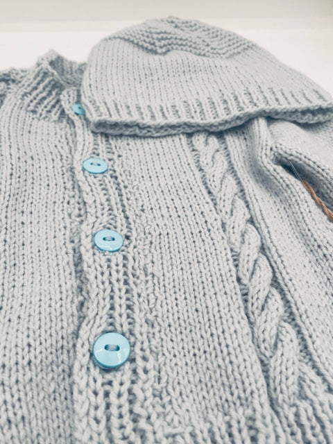 6-12 M Light Blue Acrylic Cable Knit Cardigan & Hat Set